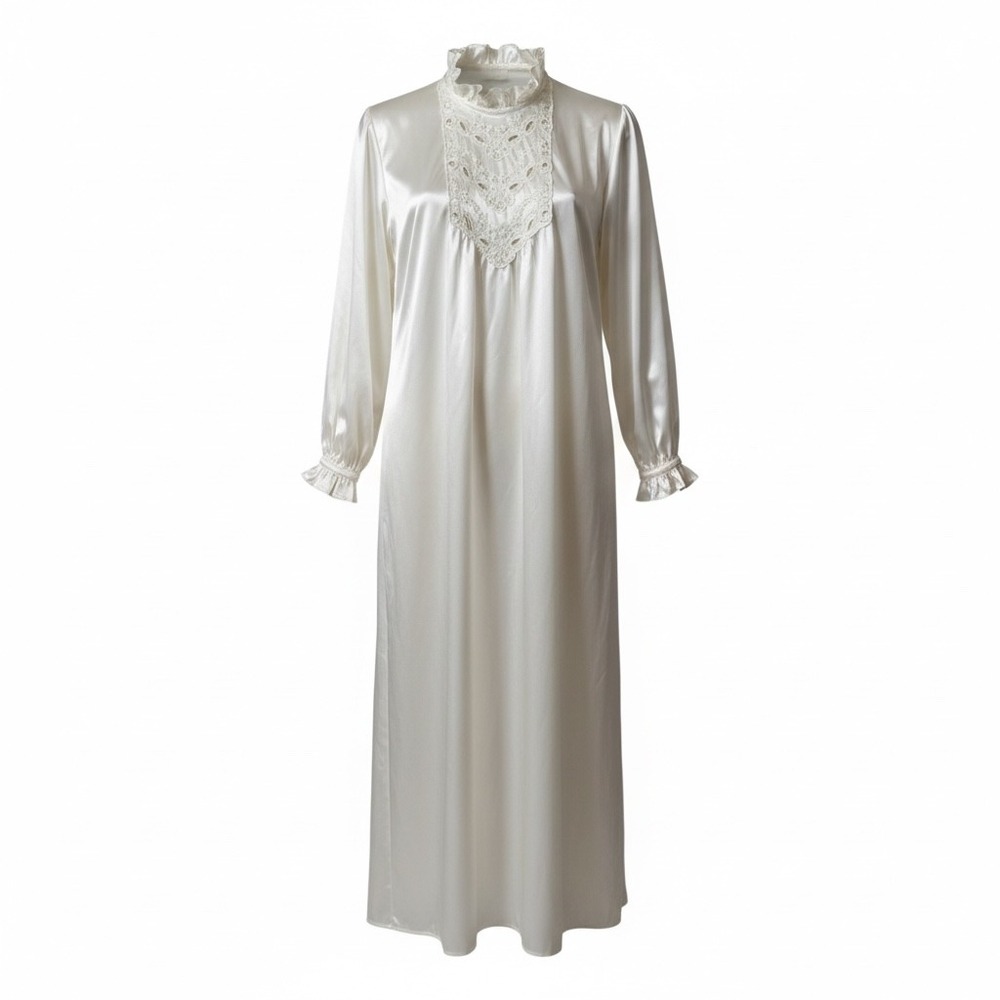 VTG 80s Ilise Stevens Montgomery Ward Satin Flannel Nightgown White Lace L